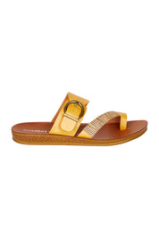 Product shot of the Bria Flat Sandal in colour Mustard, from the front