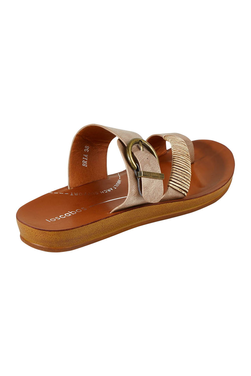Product shot of the Bria Flat Sandal in colour Taupe, from the back
