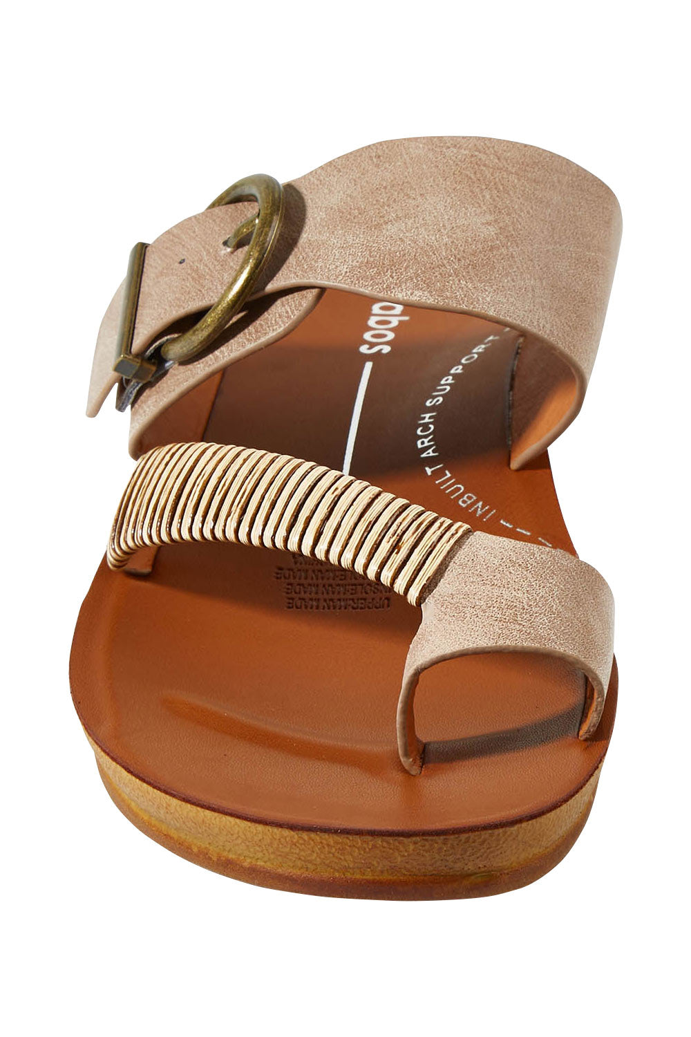 Product shot of the Bria Flat Sandal in colour Taupe, detail