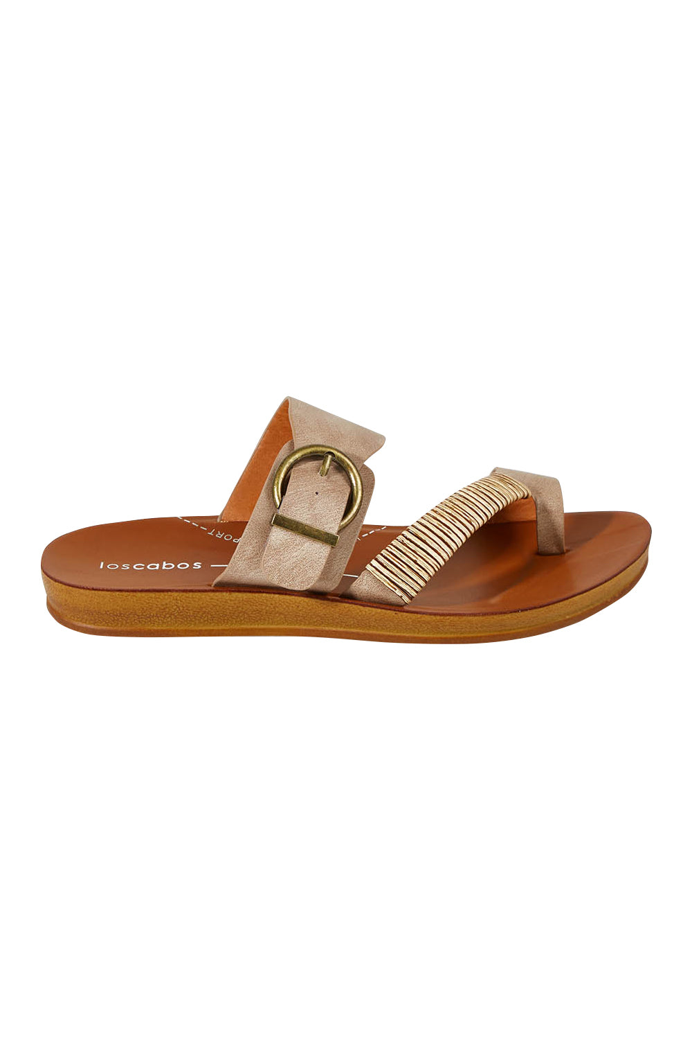 Product shot of the Bria Flat Sandal in colour Taupe, from the front