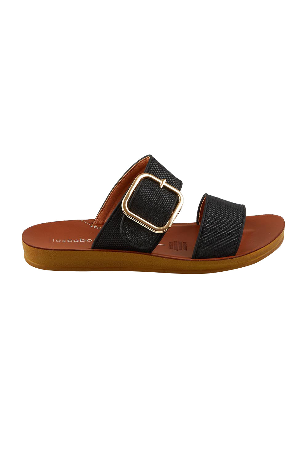 Product shot of the Doti Double Strap Slide in colour Blackraff (Black), from the front
