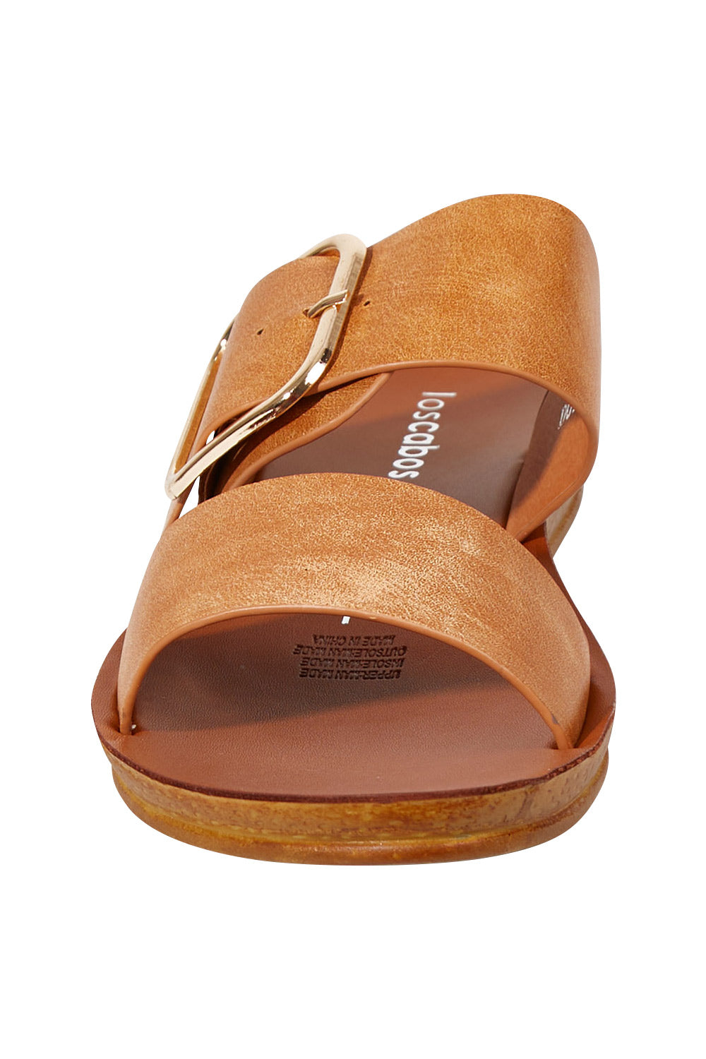 Product shot of the Doti Double Strap Slide in colour Brandy, detail