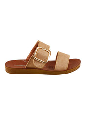 Product shot of the Doti Double Strap Slide in colour Caramelraf, from the front