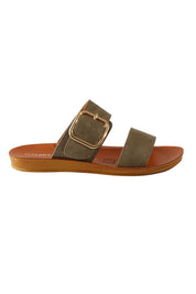 Product shot of the Doti Double Strap Slide in colour Khaki (Green), from the front