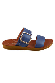 Product shot of the Doti Double Strap Slide in colour Ocean (Blue), from the front