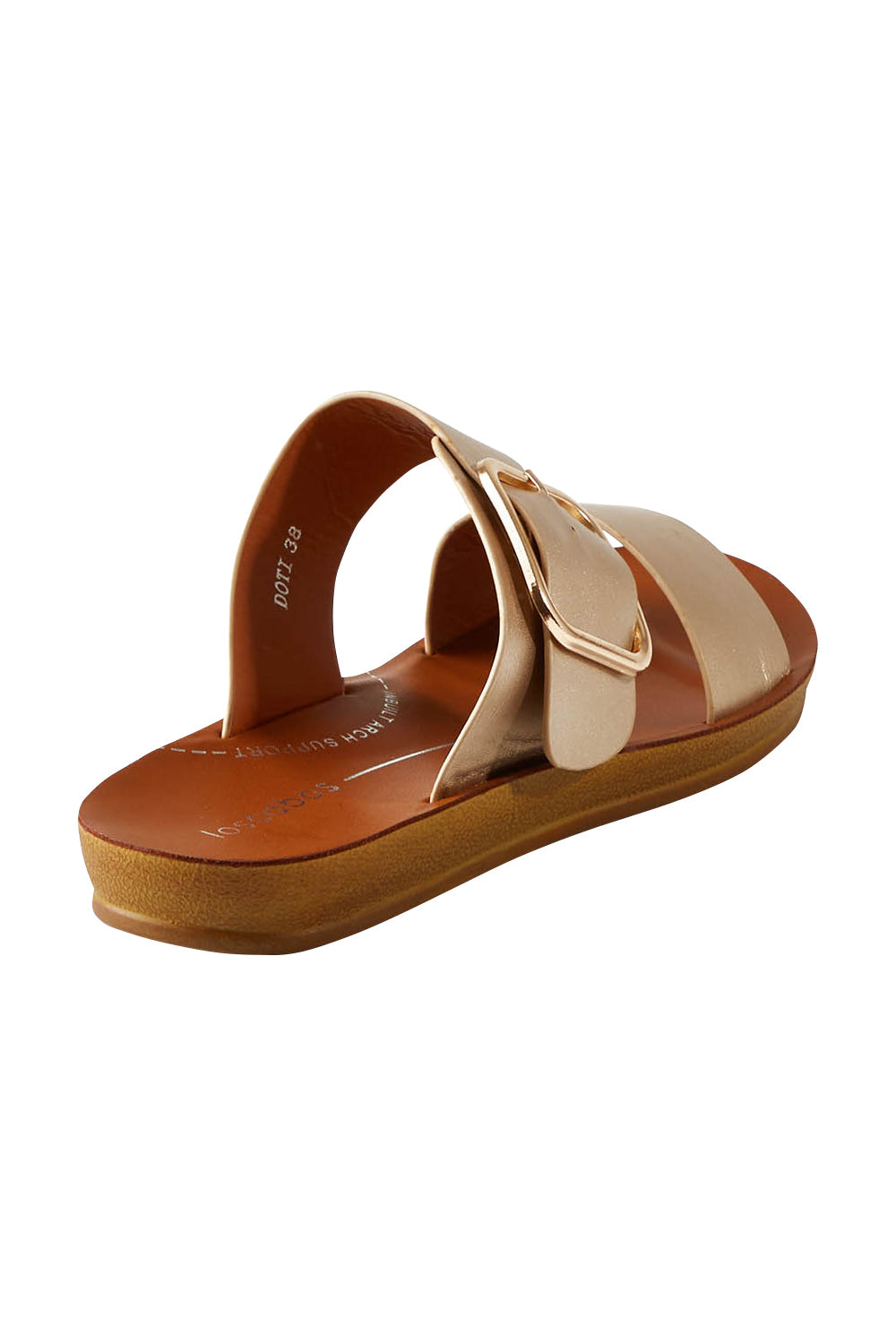 Product shot of the Doti Double Strap Slide in colour Softgold (Metallics), from the back