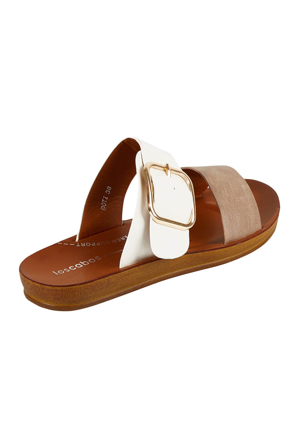 Product shot of the Doti Double Strap Slide in colour Taupewhite (White), from the back