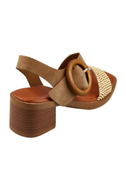 Product shot of the Meridine Heel in colour Taupe, from the back