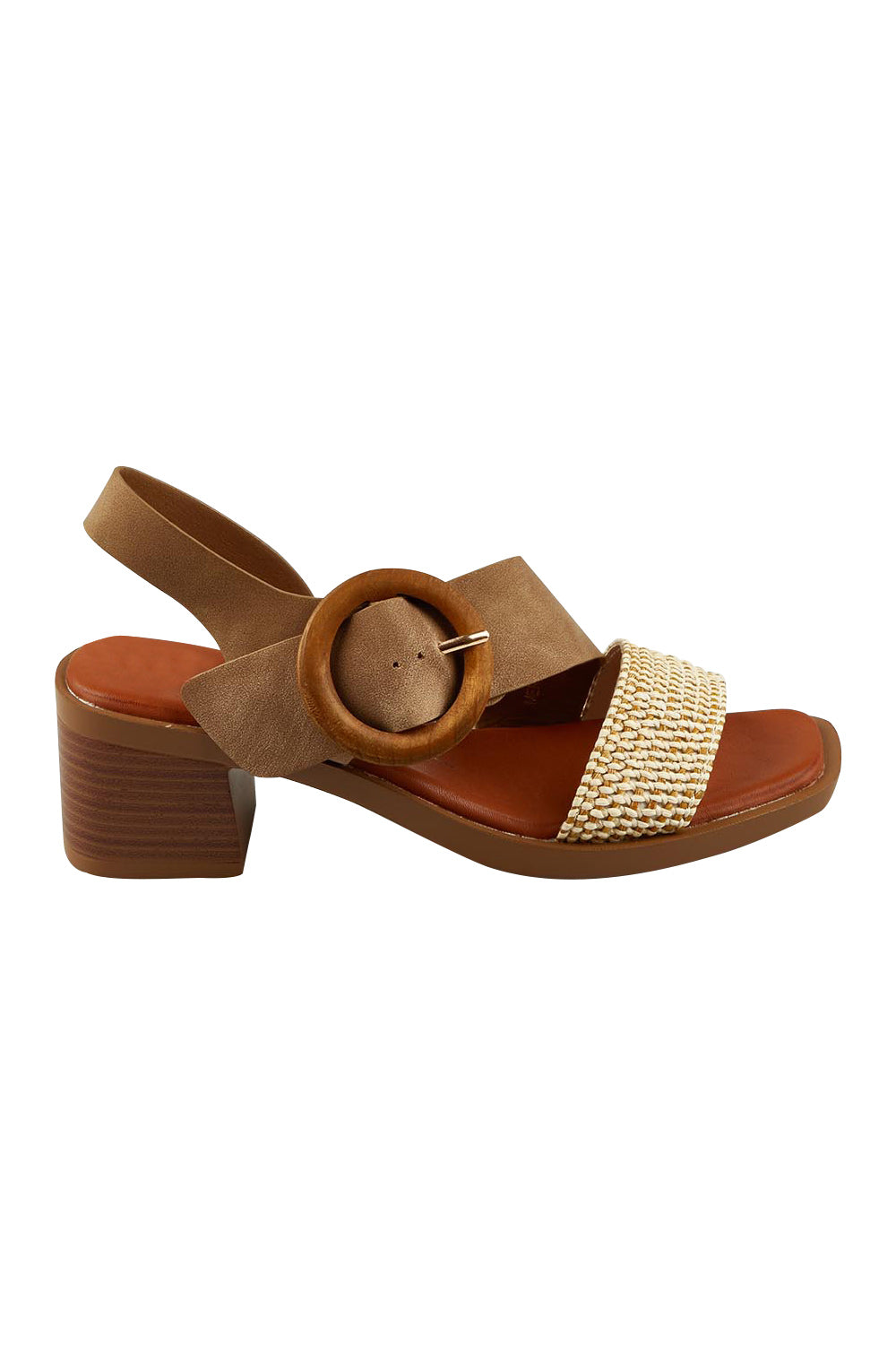 Product shot of the Meridine Heel in colour Taupe, from the front