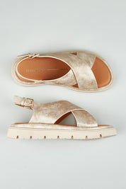 A model wearing size 37 of the Tolis Flatform Sandal in colour Beigelizar (Metallics), from the front, showing the whole outfit
