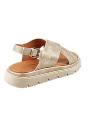 Product shot of the Tolis Flatform Sandal in colour Beigelizar (Metallics), from the back