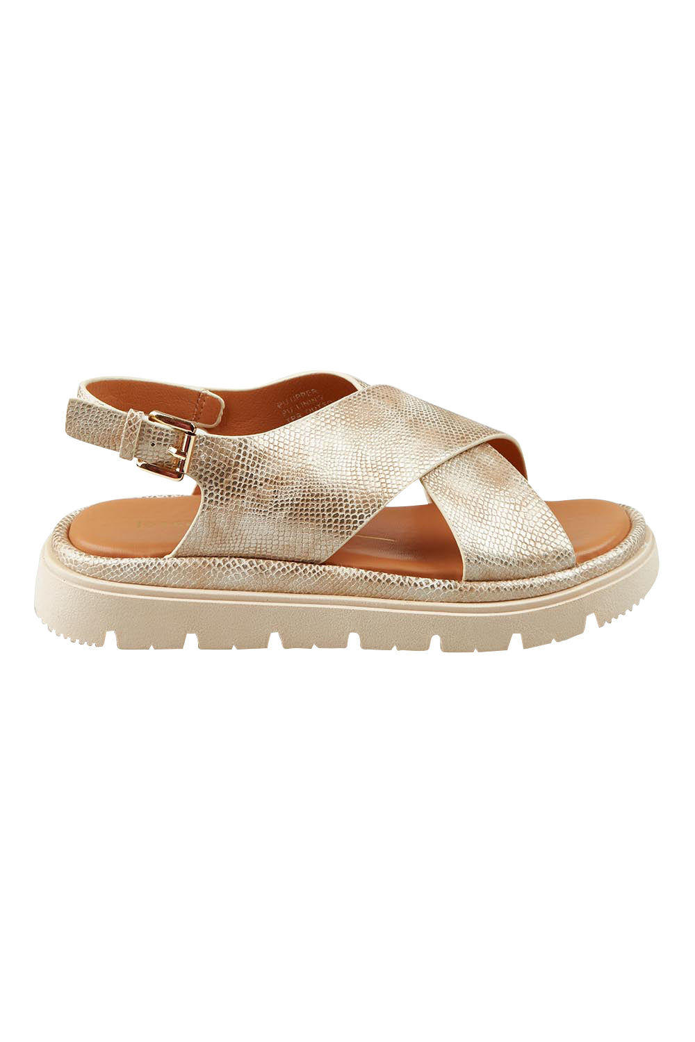 Product shot of the Tolis Flatform Sandal in colour Beigelizar (Metallics), from the front