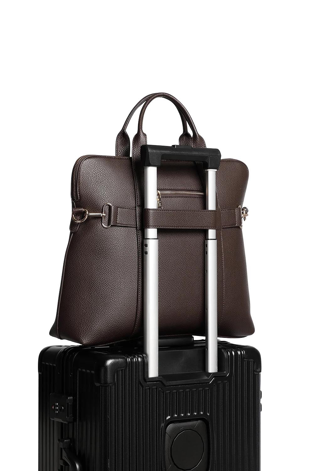 Product shot of the Rhodes Laptop Bag in colour Chocolate, detail