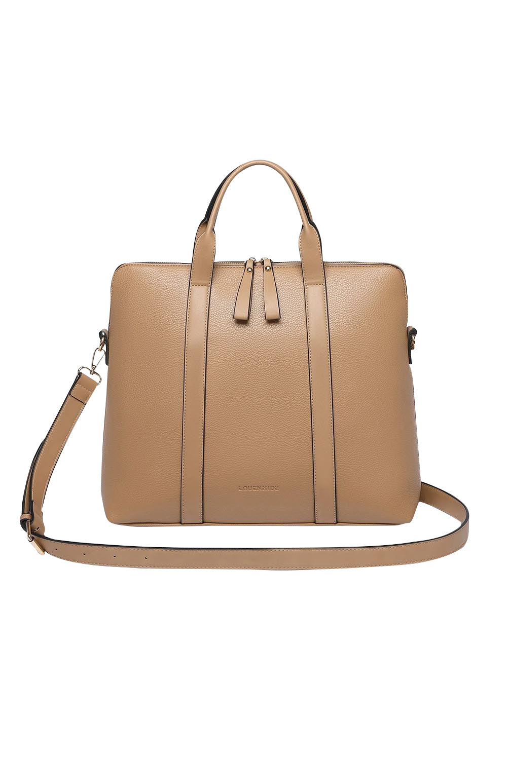 Product shot of the Rhodes Laptop Bag in colour Latte, from the front