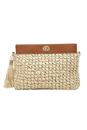 Product shot of the Fern Raffia Clutch Bag in colour Nattan, from the back