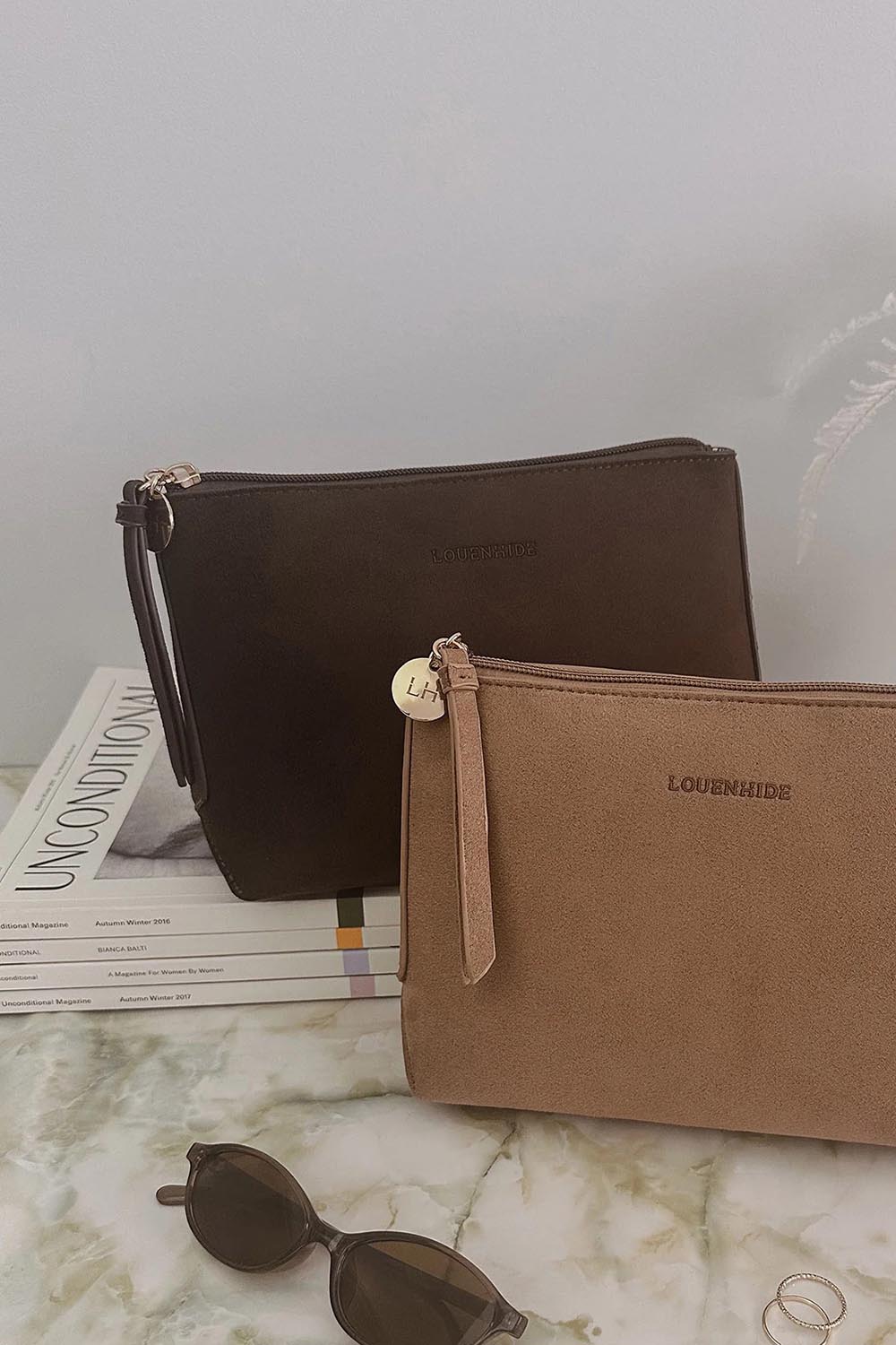 A model wearing The Everyday Pouch in colour Chocsuede, from the front, showing the whole outfit