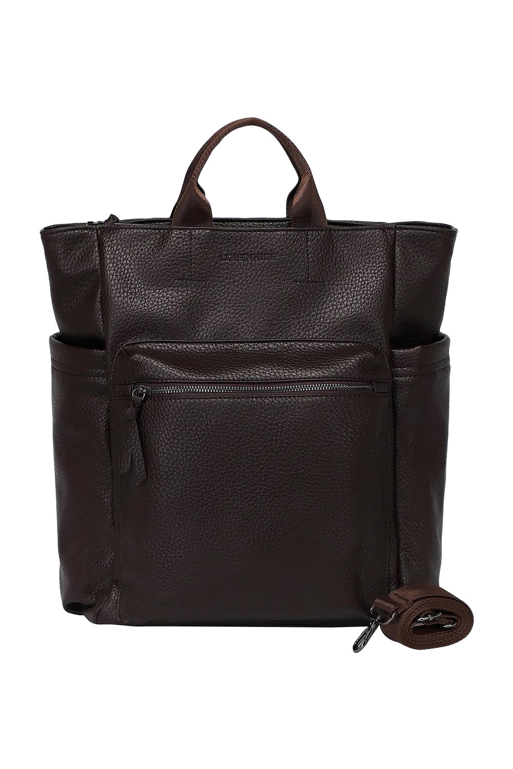 Product shot of the Bronx Backpack in colour Chocolate, detail