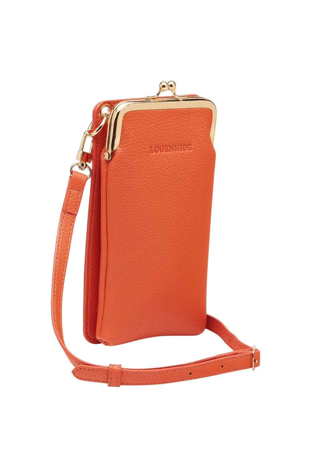 Product shot of the Billie Crossbody Phone Bag in colour Orange, detail
