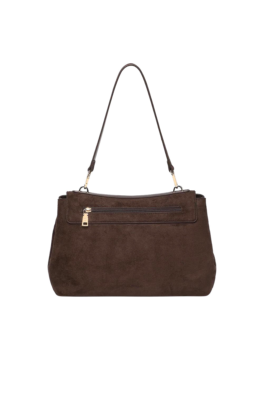 Product shot of the Arden Suedette Shoulder Bag in colour Chocolate, from the back