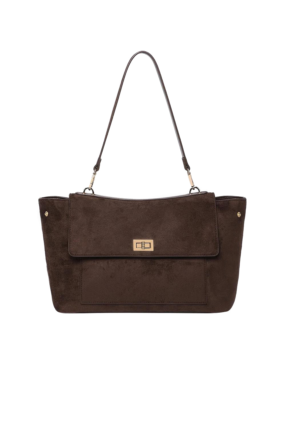 Product shot of the Arden Suedette Shoulder Bag in colour Chocolate, detail