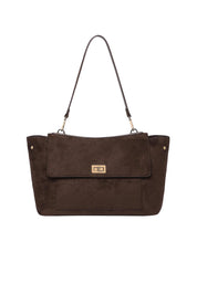Product shot of the Arden Suedette Shoulder Bag in colour Chocolate, detail