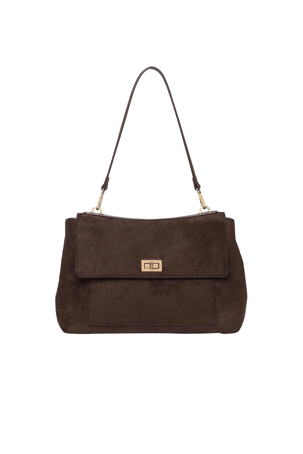 Product shot of the Arden Suedette Shoulder Bag in colour Chocolate, detail