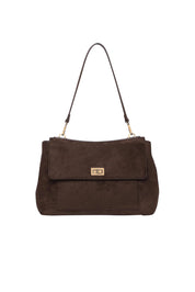 Product shot of the Arden Suedette Shoulder Bag in colour Chocolate, detail