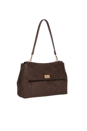 Product shot of the Arden Suedette Shoulder Bag in colour Chocolate, detail