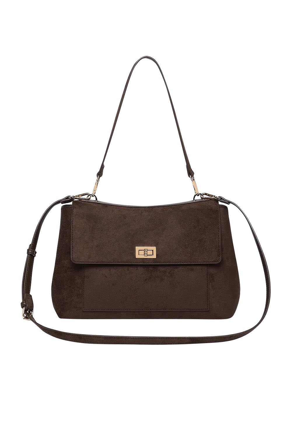 Product shot of the Arden Suedette Shoulder Bag in colour Chocolate, from the front