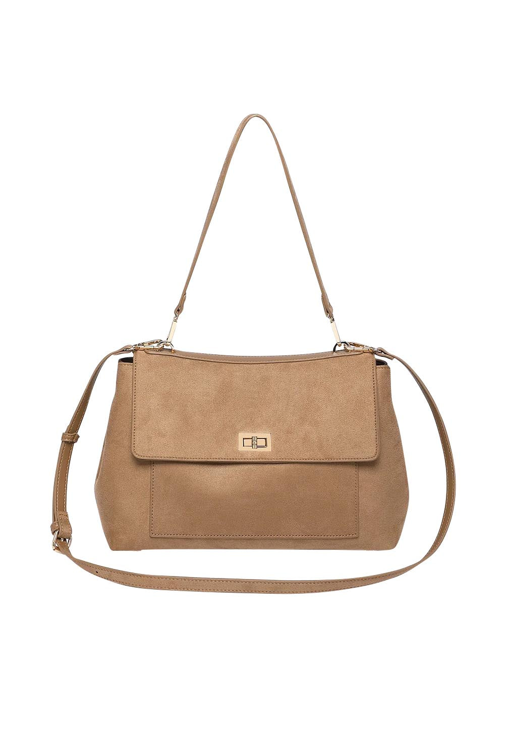 Product shot of the Arden Suedette Shoulder Bag in colour Honey, from the front
