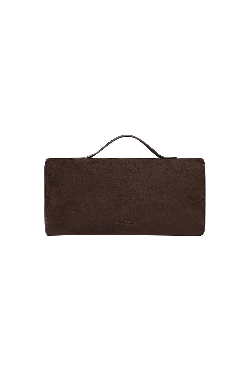 Product shot of the Delaney Suedette Clutch Handbag in colour Chocolate, from the back