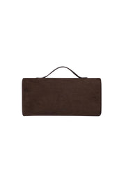 Product shot of the Delaney Suedette Clutch Handbag in colour Chocolate, from the back