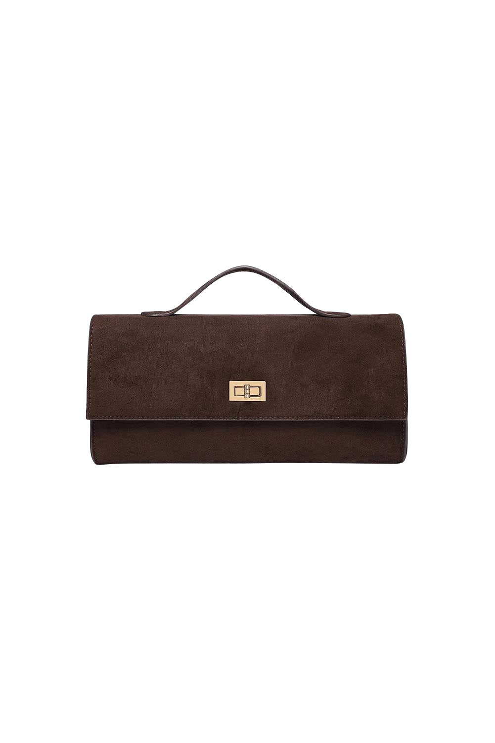 Product shot of the Delaney Suedette Clutch Handbag in colour Chocolate, detail