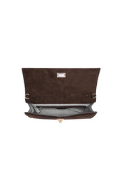 Product shot of the Delaney Suedette Clutch Handbag in colour Chocolate, detail