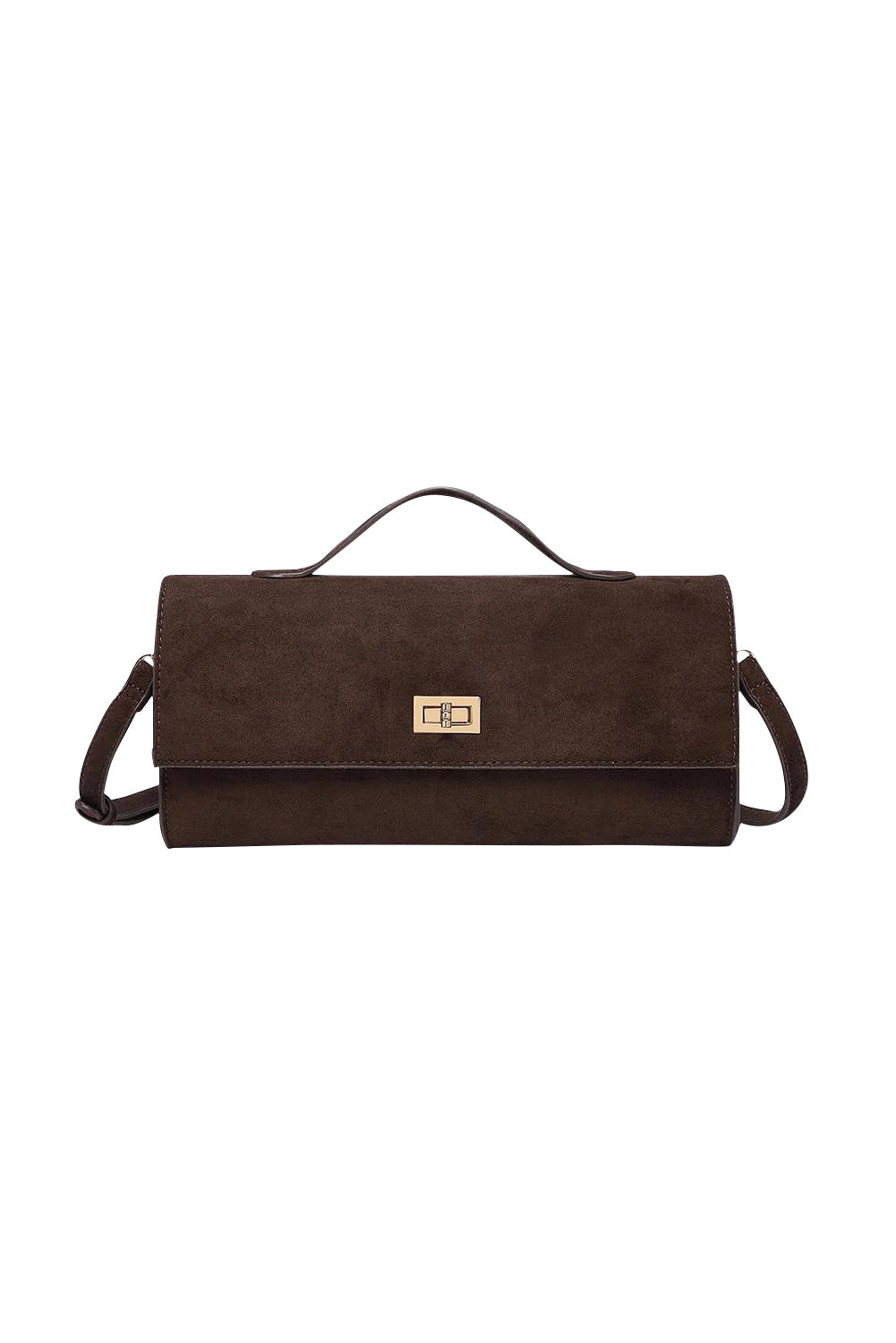 Product shot of the Delaney Suedette Clutch Handbag in colour Chocolate, from the front