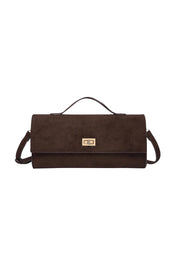 Product shot of the Delaney Suedette Clutch Handbag in colour Chocolate, from the front