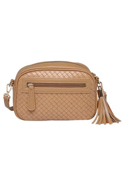 Product shot of the Jacinta Woven Crossbody Bag in colour Camelwoven, from the back