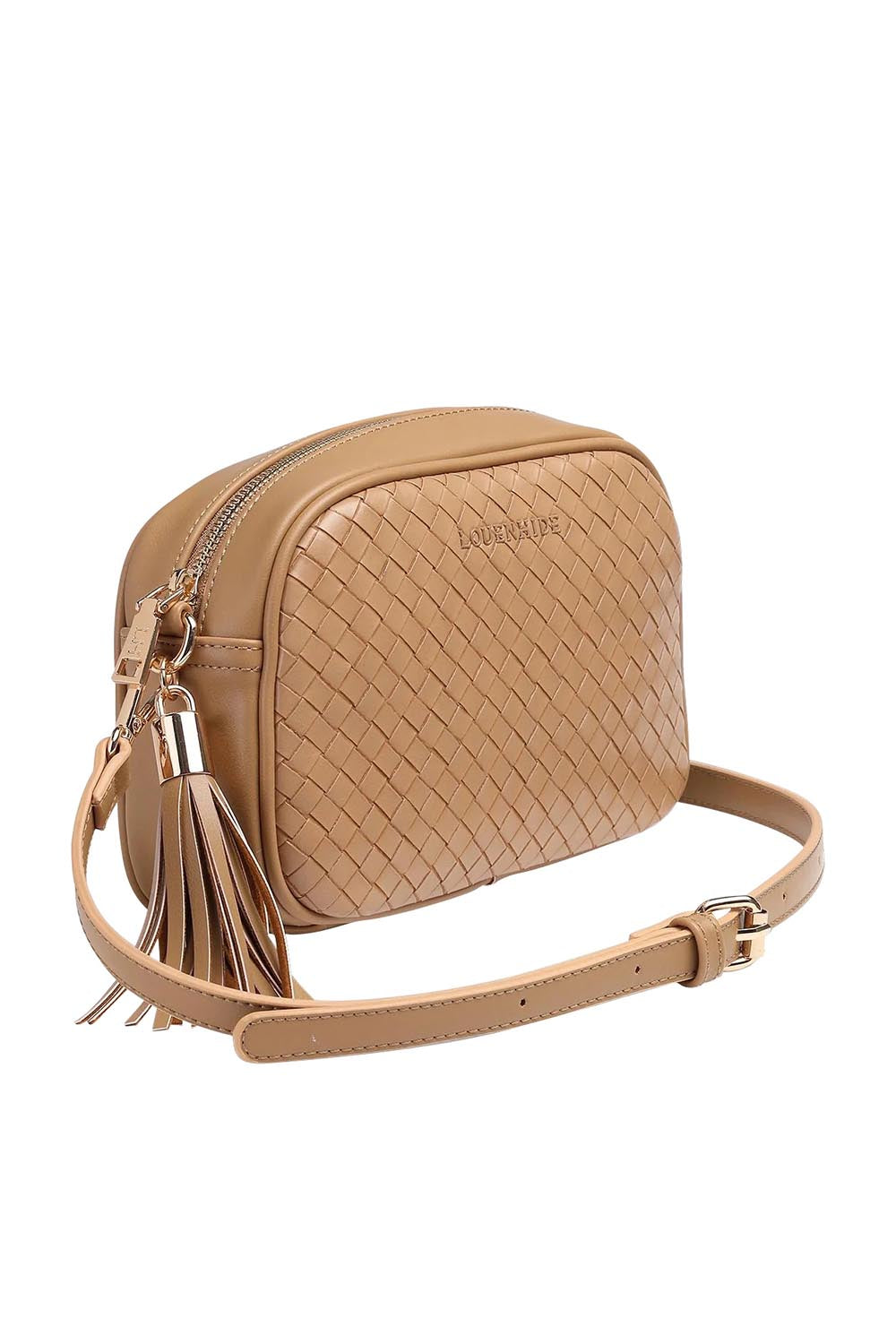 Product shot of the Jacinta Woven Crossbody Bag in colour Camelwoven, detail