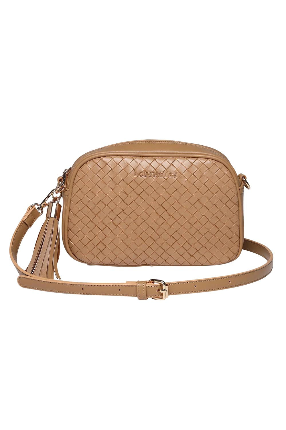 Product shot of the Jacinta Woven Crossbody Bag in colour Camelwoven, from the front