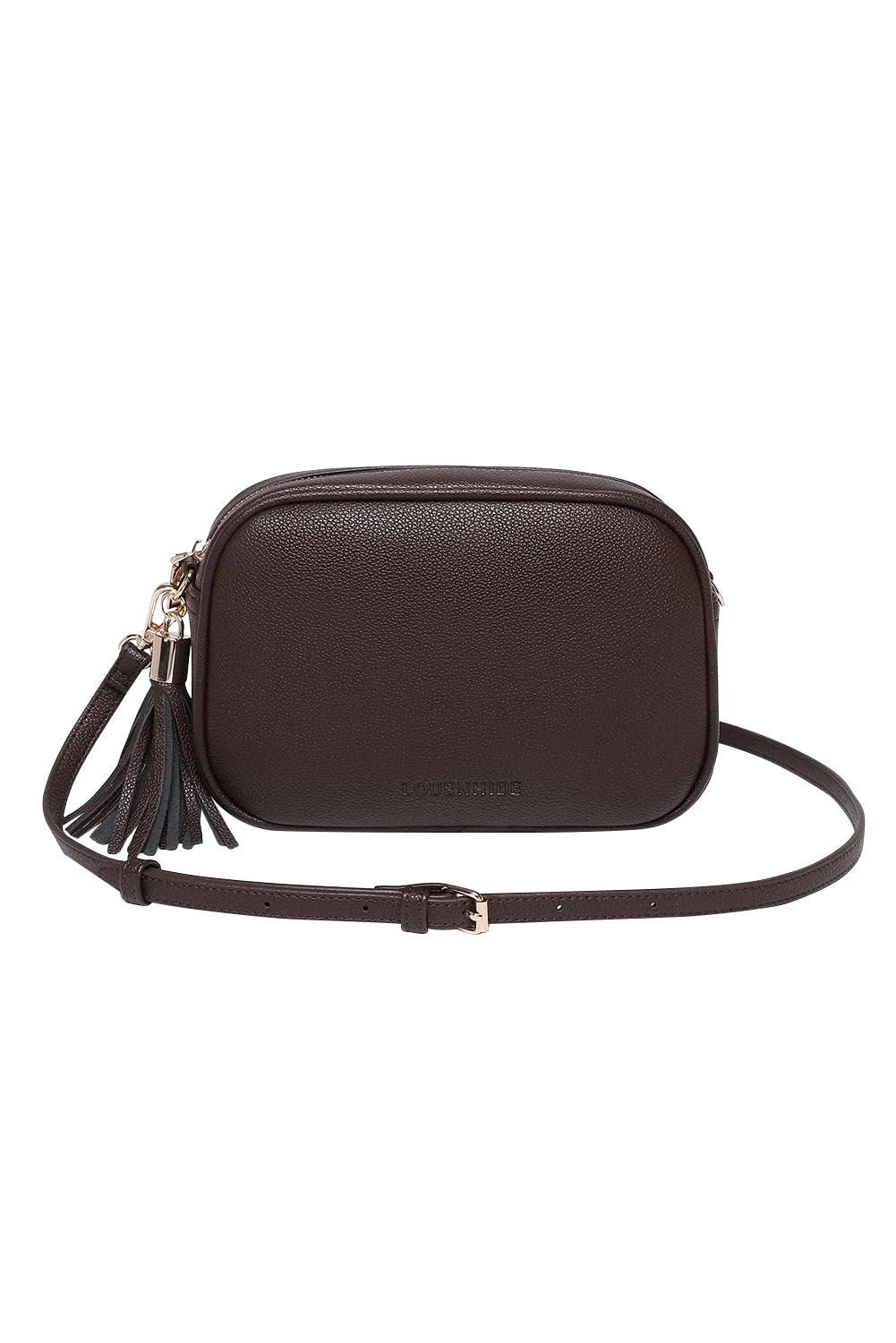 Product shot of the Jacinta Gia Crossbody Bag in colour Chocolate, detail
