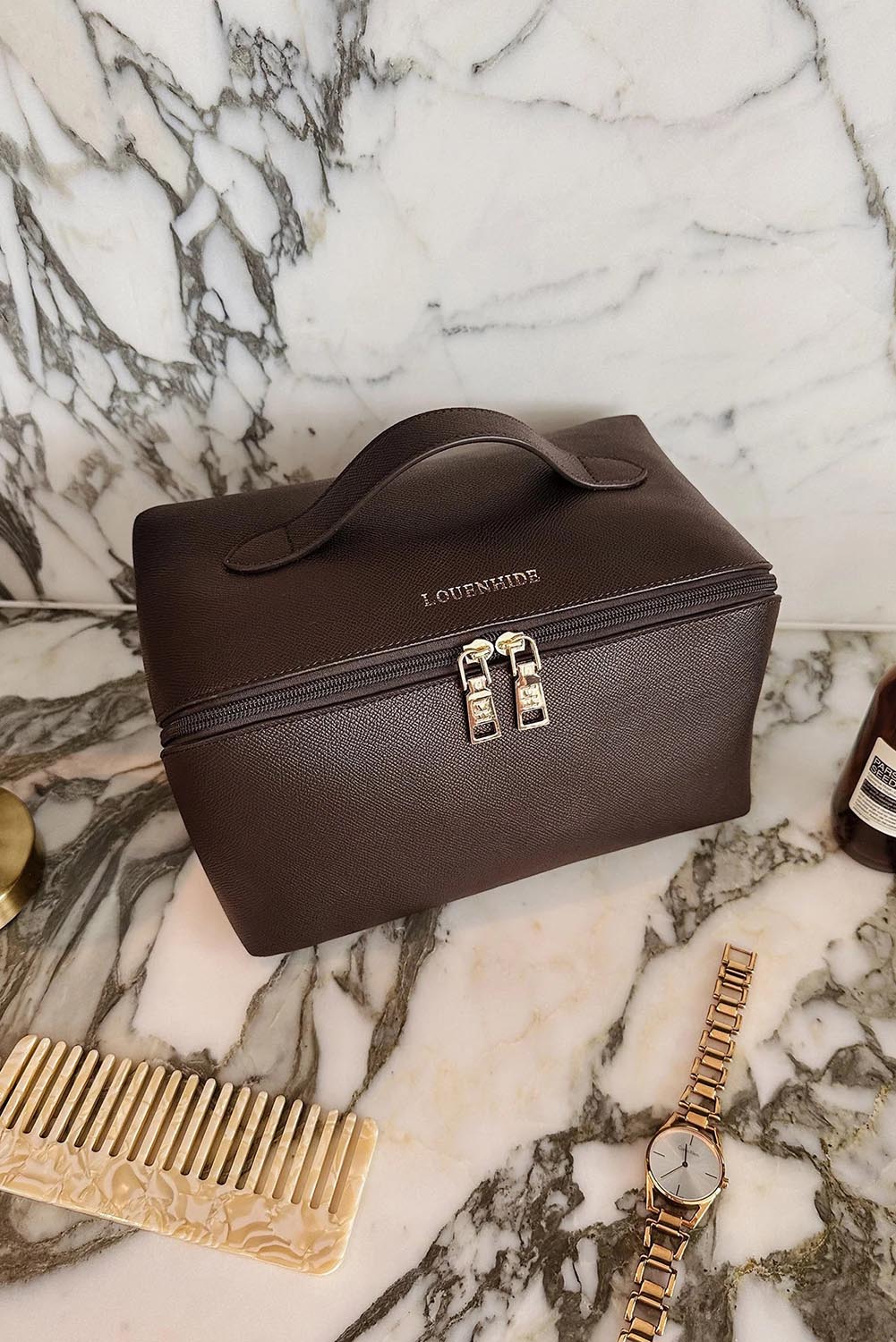 Product shot of the Orion Cosmetic Case - Chocolate in colour Chocolate, from the front