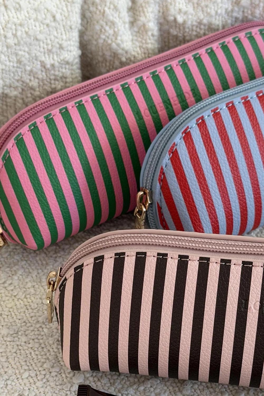 Product shot of the Jayne Stripe Makeup Bag - Greenpinkstripe in colour Greenpinkstripe, from the front