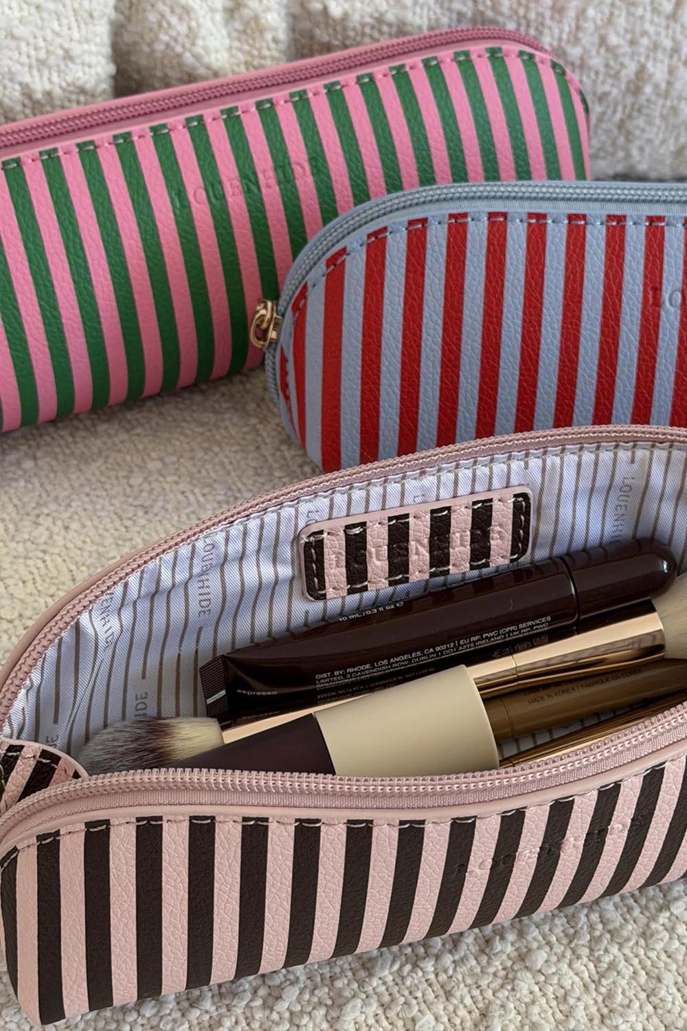 Product shot of the Jayne Stripe Makeup Bag - Pinkchocstripe in colour Pinkchocstripe, from the front