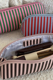 Product shot of the Jayne Stripe Makeup Bag - Pinkchocstripe in colour Pinkchocstripe, from the front