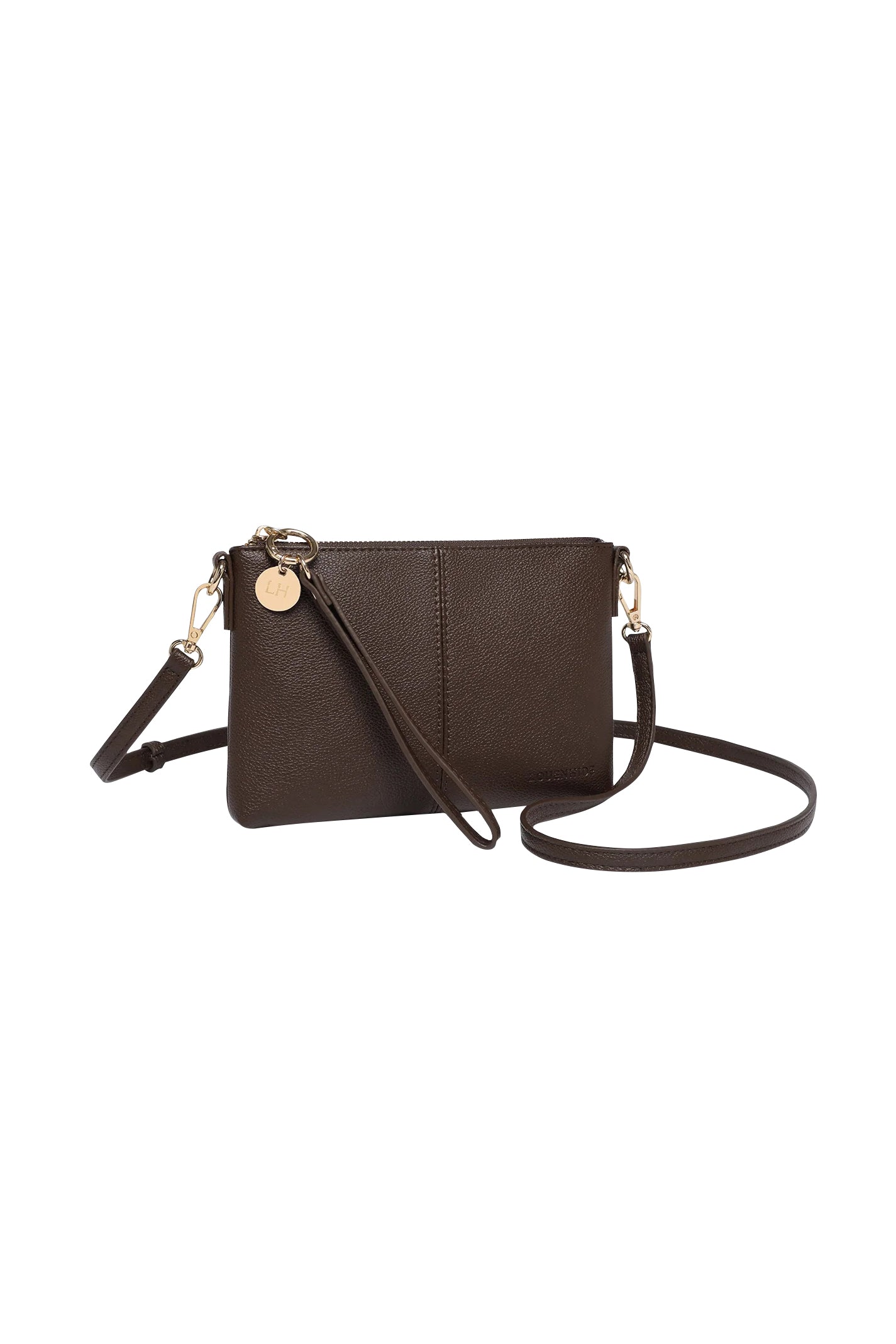 Product shot of the Baby Sophie Crossbody Bag in colour Chocolate, detail