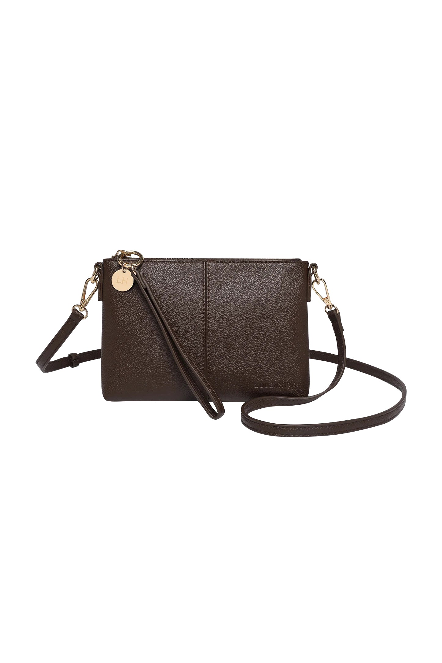 Product shot of the Baby Sophie Crossbody Bag in colour Chocolate, from the front