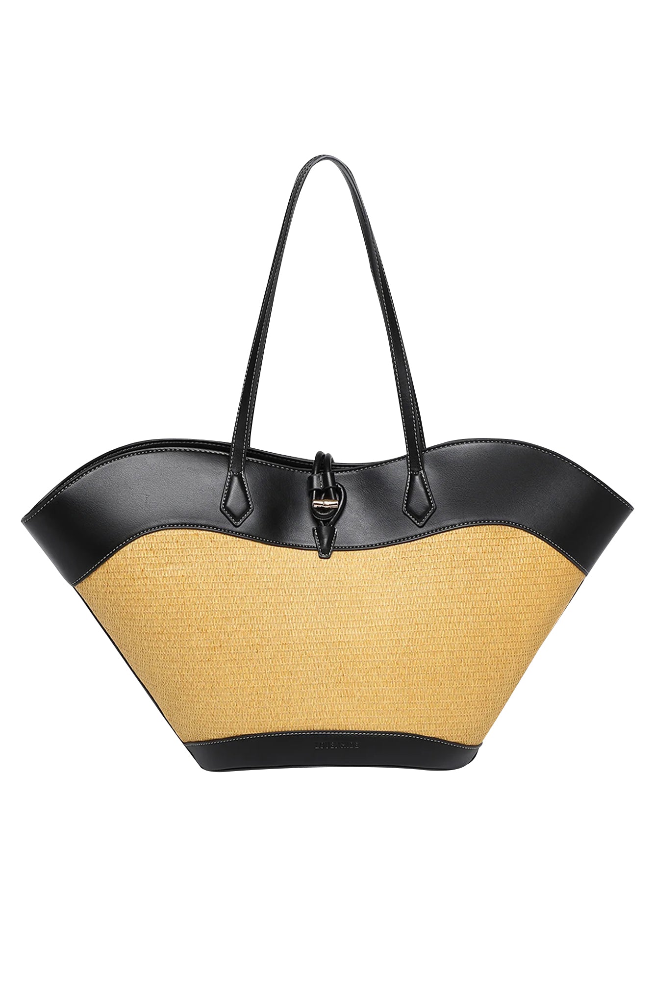 Product shot of the Malta Raffia Tote Bag in colour Raffiablac, from the front