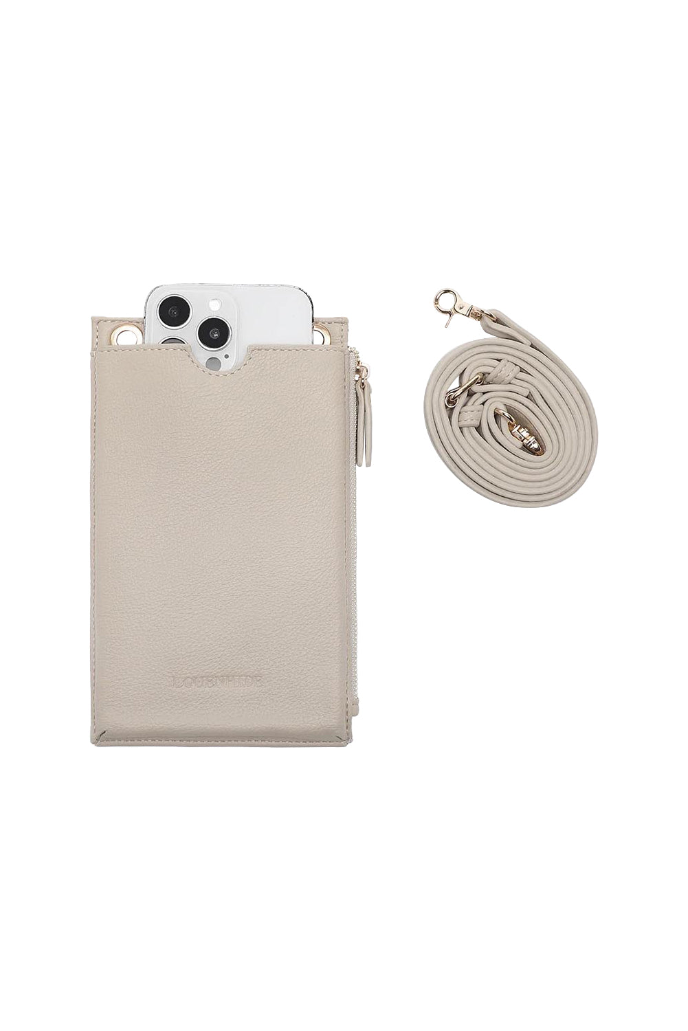 Product shot of the Suki Phone Bag in colour Almond, detail