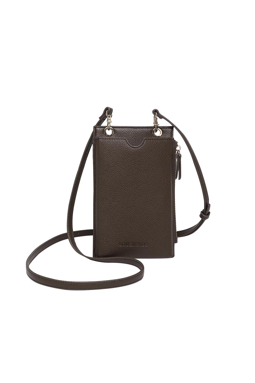 Product shot of the Suki Phone Bag in colour Chocolate, from the front