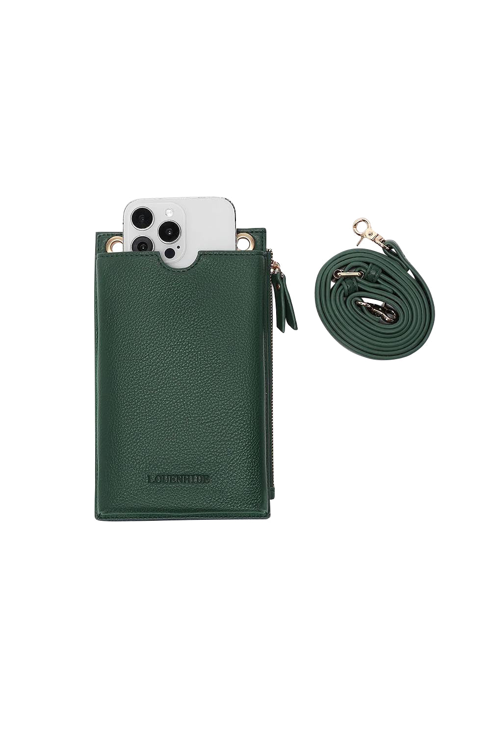 Product shot of the Suki Phone Bag in colour Forestgrn (Green), detail